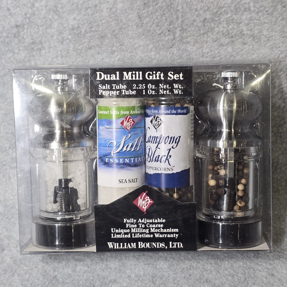 William Bounds 10120 Salt Pepper Mill Duo Set Brushed Top NOS Sealed Gift Set